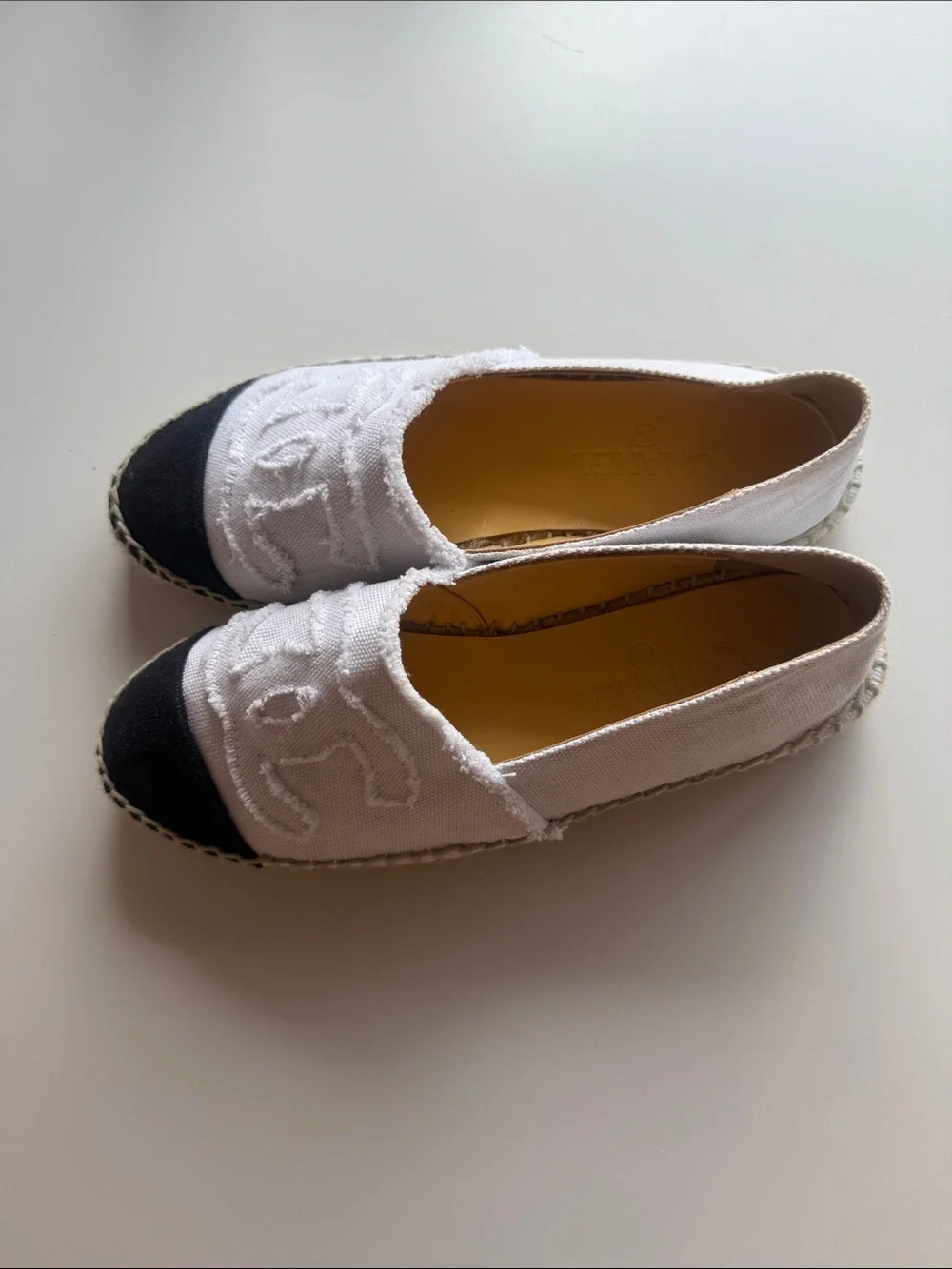 CHANEL White Canvas Espadrilles with Black Toe Cap